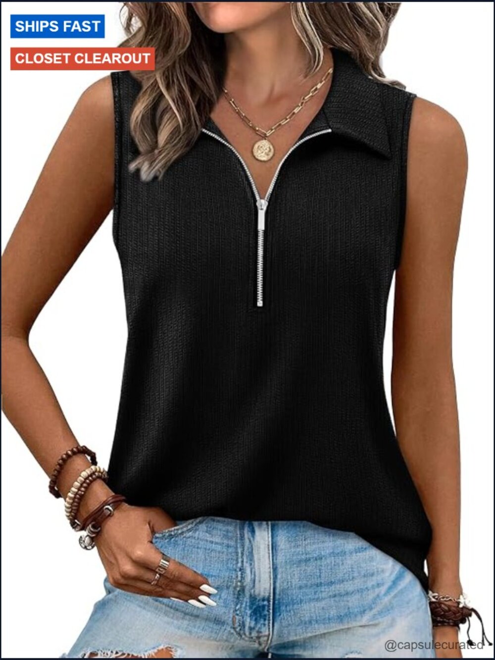 Ribbed V Neck Tank Top with Zipper Collared Sleeveless Summer Blouse